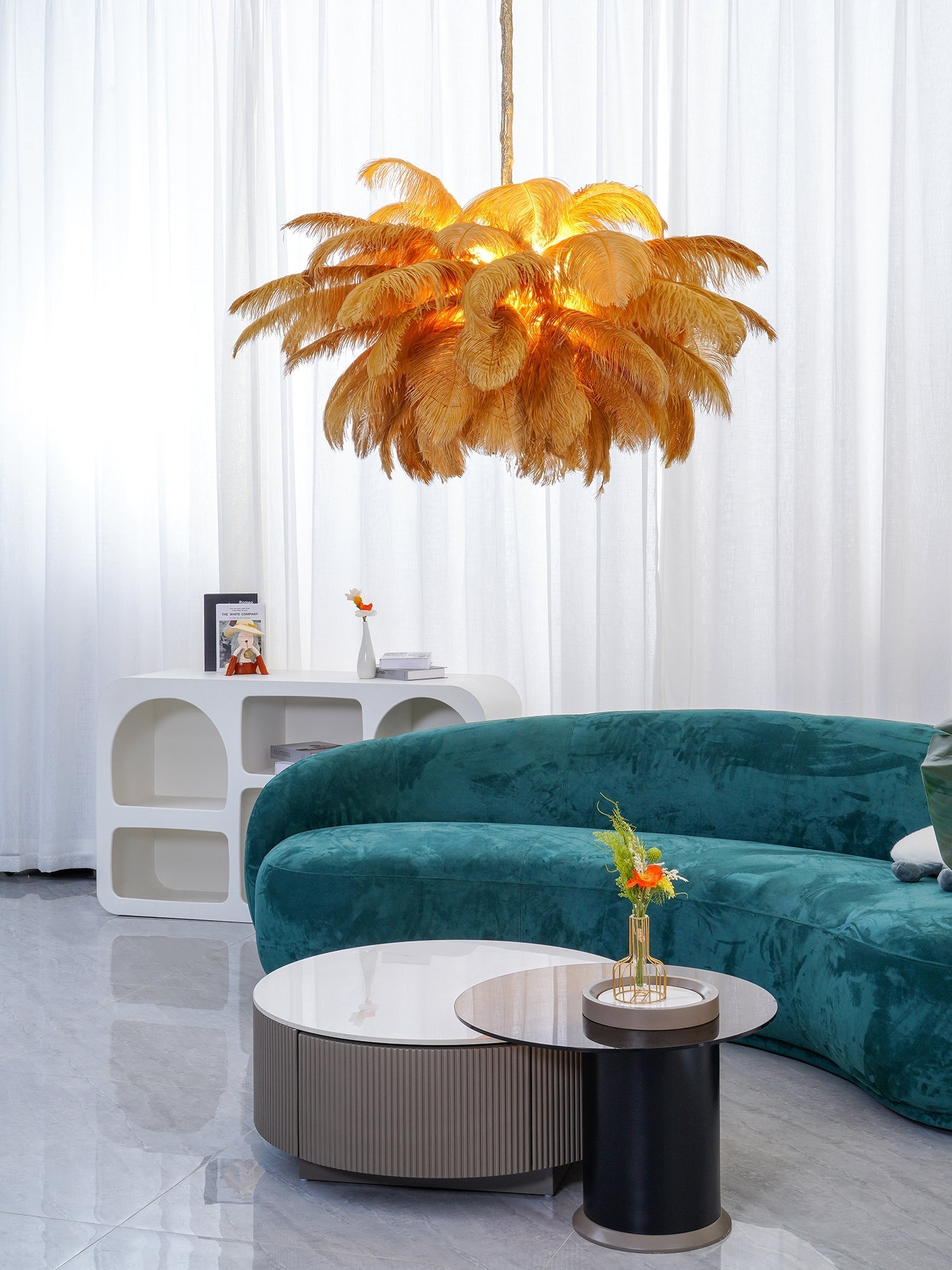 Extra Large Ostrich Feather Chandelier | Opulent Brass Base & Ideal for Luxury Indoor Spaces