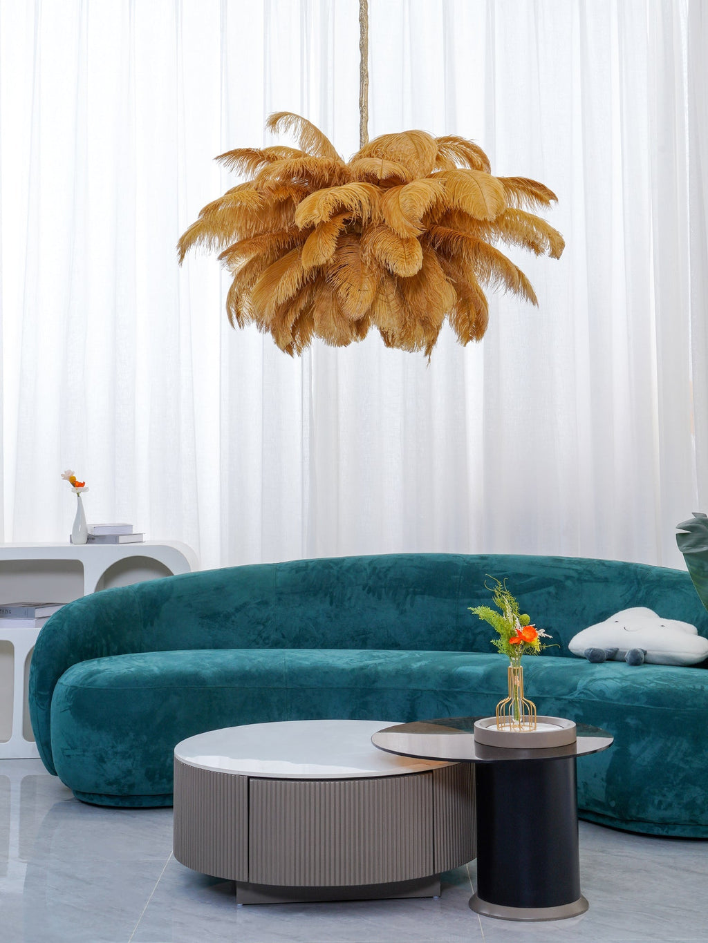 Extra Large Ostrich Feather Chandelier | Opulent Brass Base & Ideal for Luxury Indoor Spaces