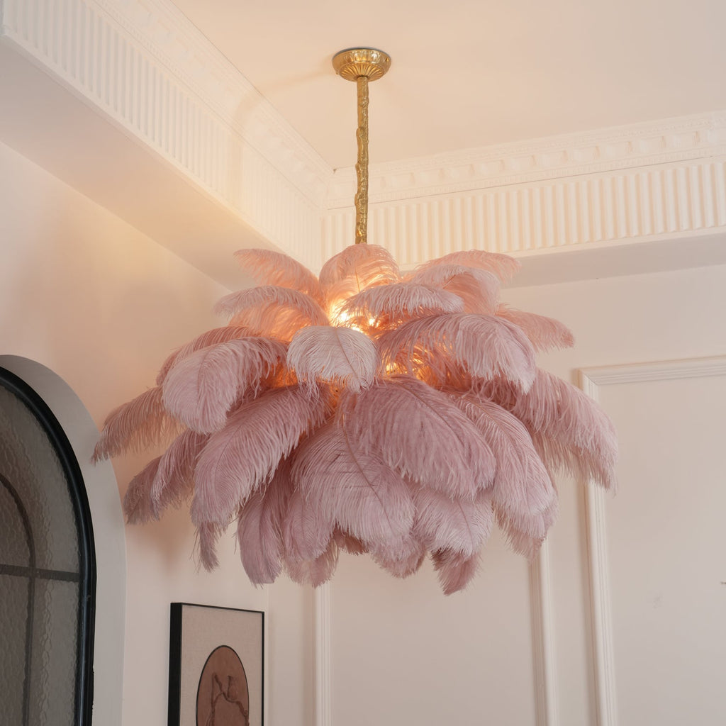 Extra Large Ostrich Feather Chandelier | Opulent Brass Base & Ideal for Luxury Indoor Spaces