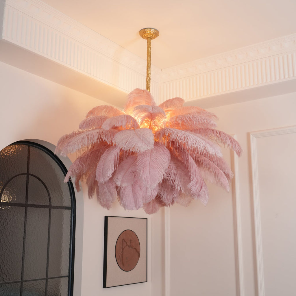 Extra Large Ostrich Feather Chandelier | Opulent Brass Base & Ideal for Luxury Indoor Spaces