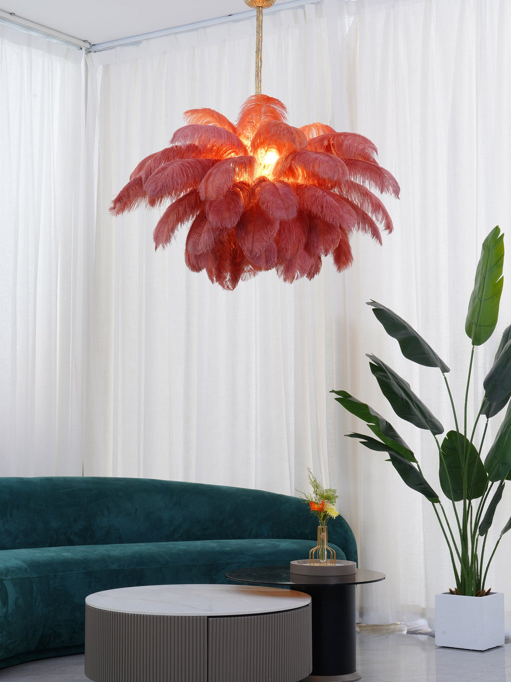 Extra Large Ostrich Feather Chandelier | Opulent Brass Base & Ideal for Luxury Indoor Spaces