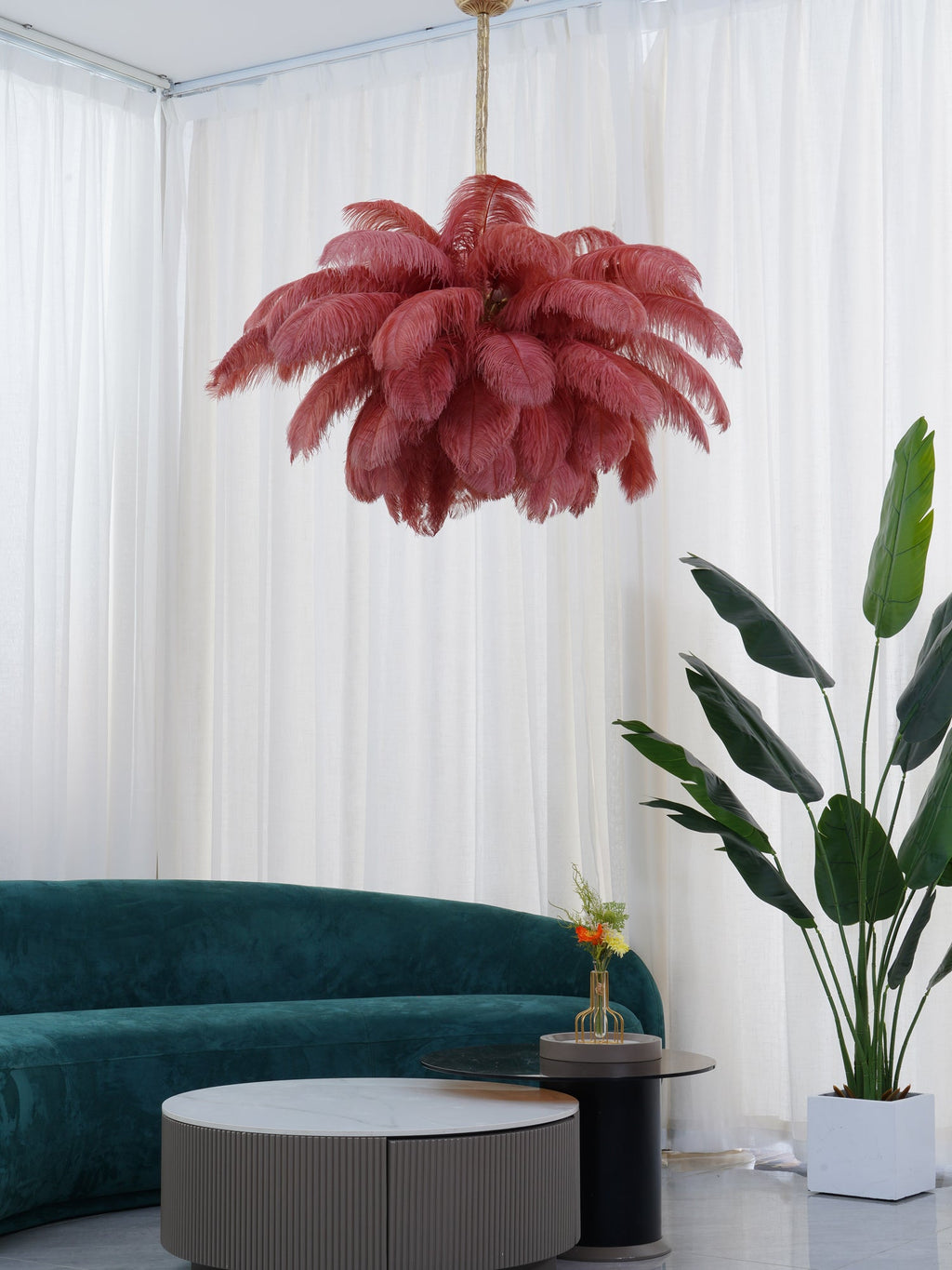 Extra Large Ostrich Feather Chandelier | Opulent Brass Base & Ideal for Luxury Indoor Spaces