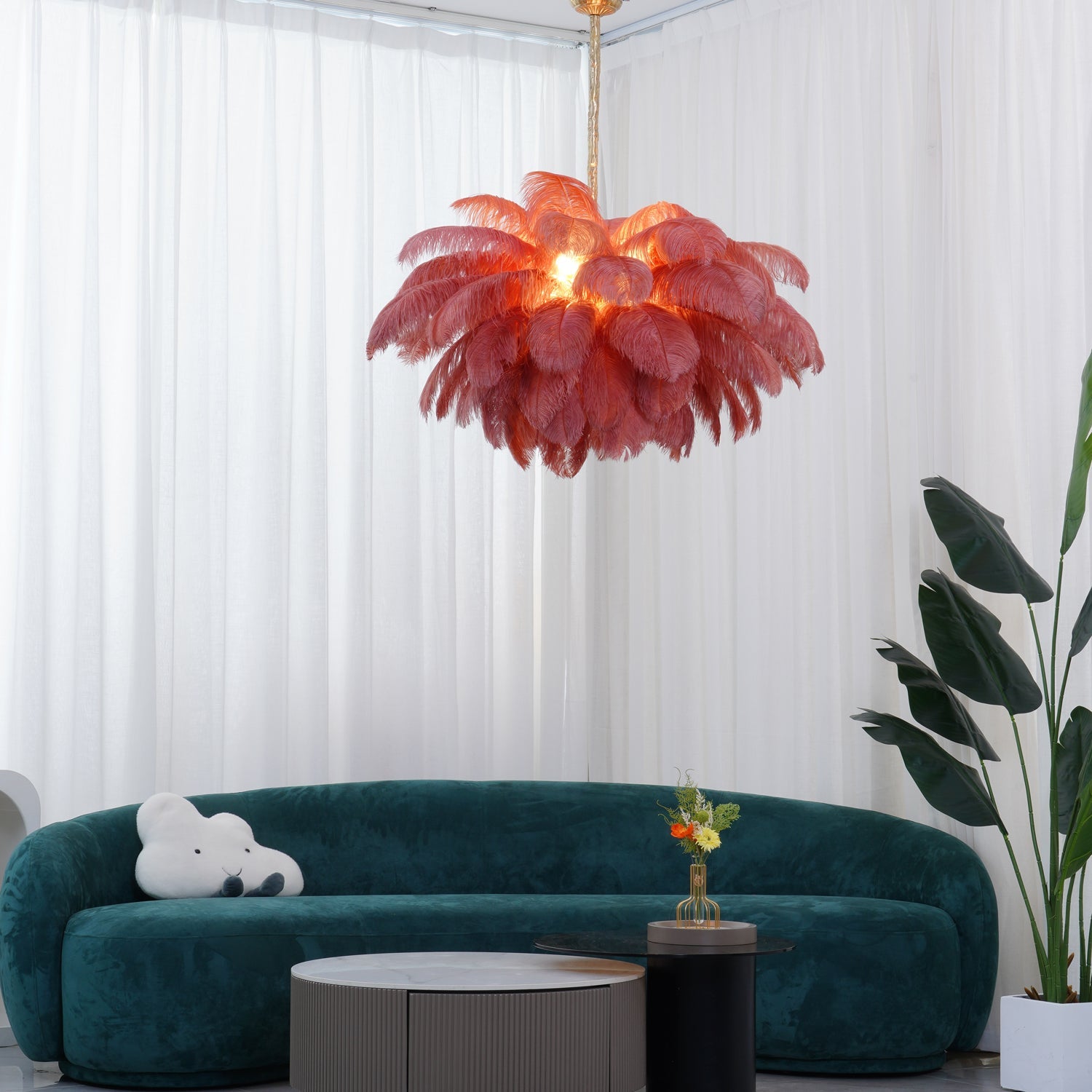 Extra Large Ostrich Feather Chandelier | Opulent Brass Base & Ideal for Luxury Indoor Spaces