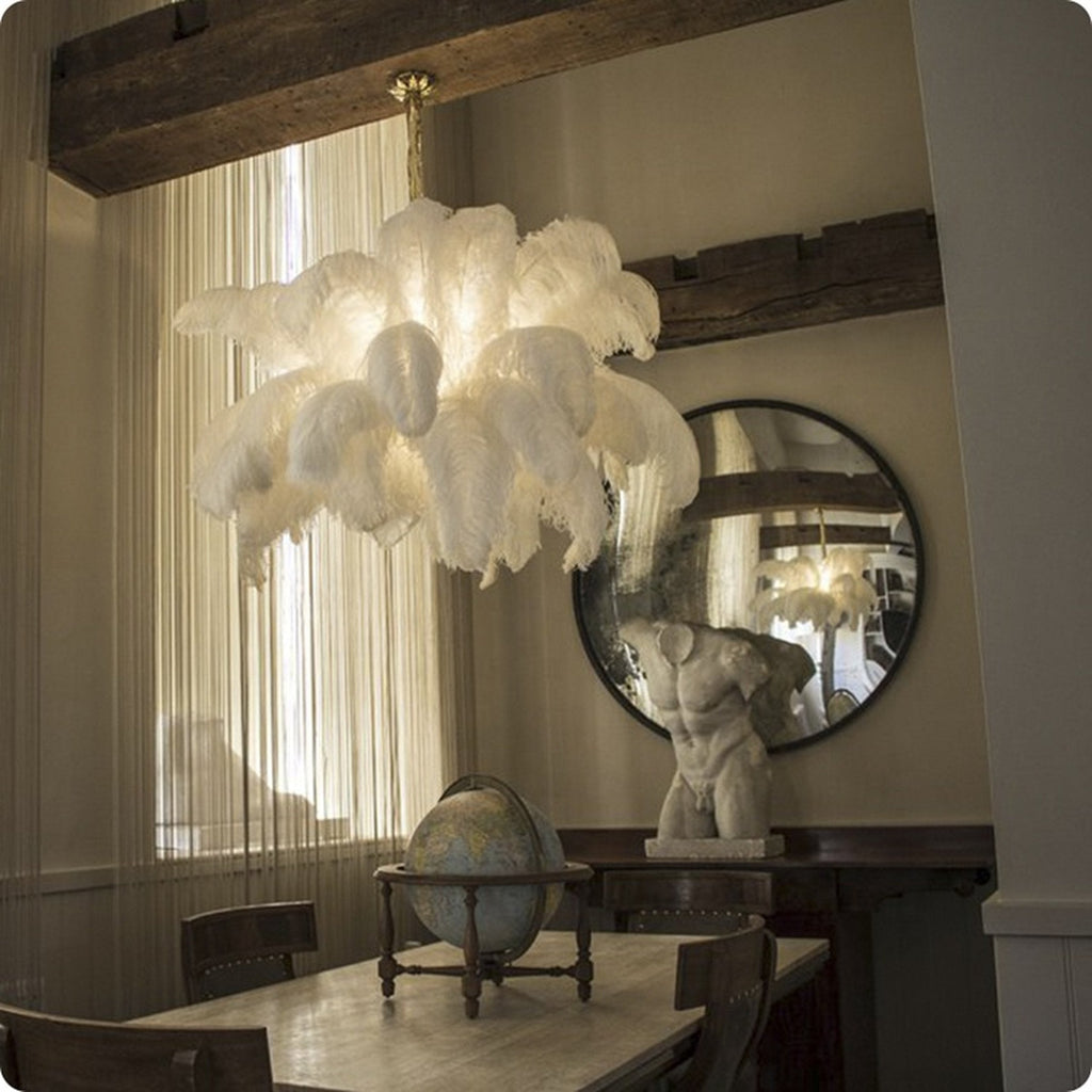 Extra Large Ostrich Feather Chandelier | Opulent Brass Base & Ideal for Luxury Indoor Spaces