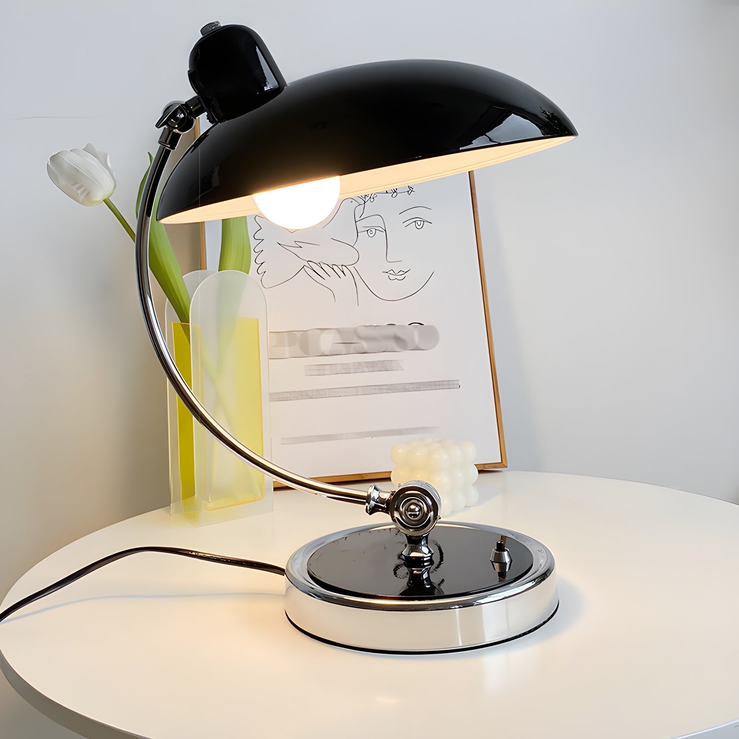 Retro Curve Desk Lamp | Frosted Glass Shade, Metal Stem & Ideal for Indoor Use