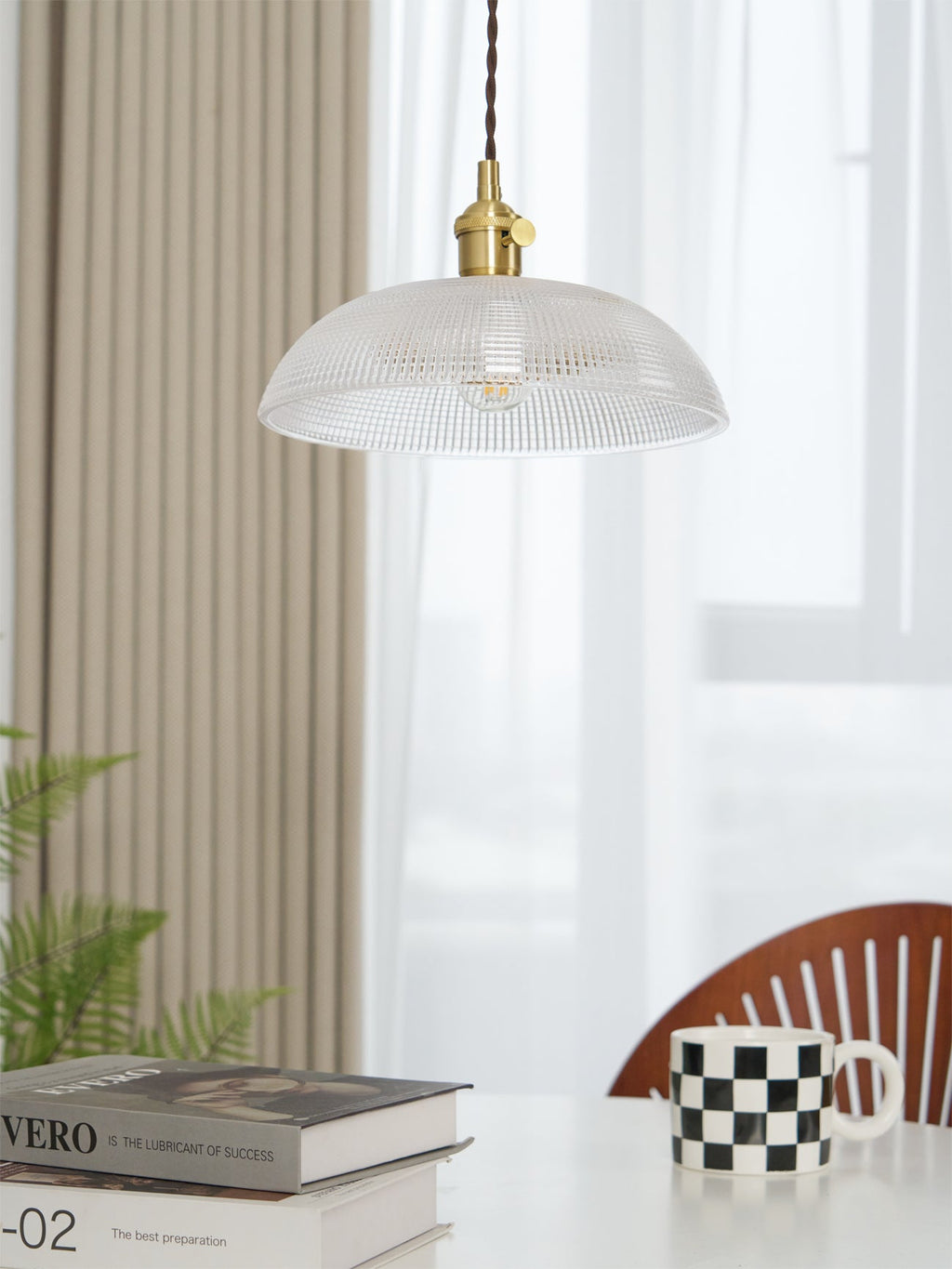 Ribbed Glass Ceiling Pendant Light | Polished Brass, Indoor Use & Ideal for Living Room or Dining Area