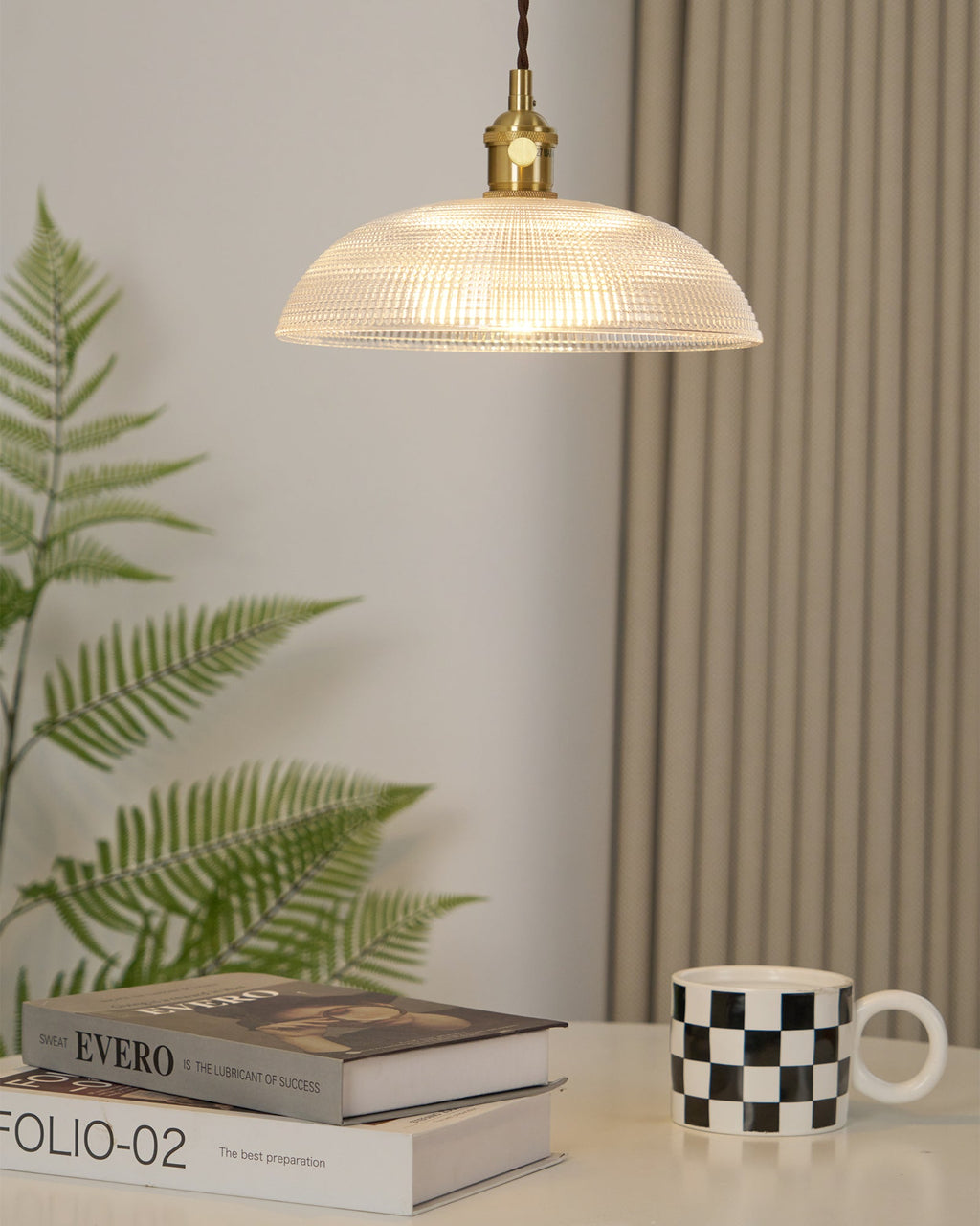 Ribbed Glass Ceiling Pendant Light | Polished Brass, Indoor Use & Ideal for Living Room or Dining Area