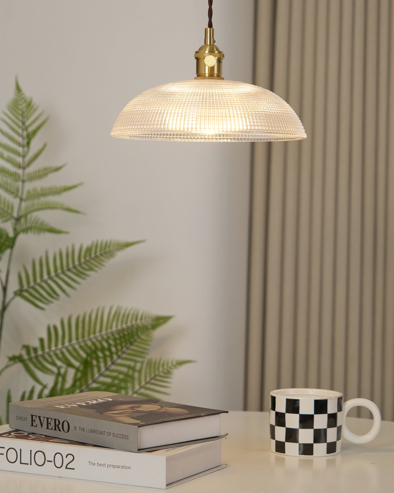 Ribbed Glass Ceiling Pendant Light | Polished Brass, Indoor Use & Ideal for Living Room or Dining Area