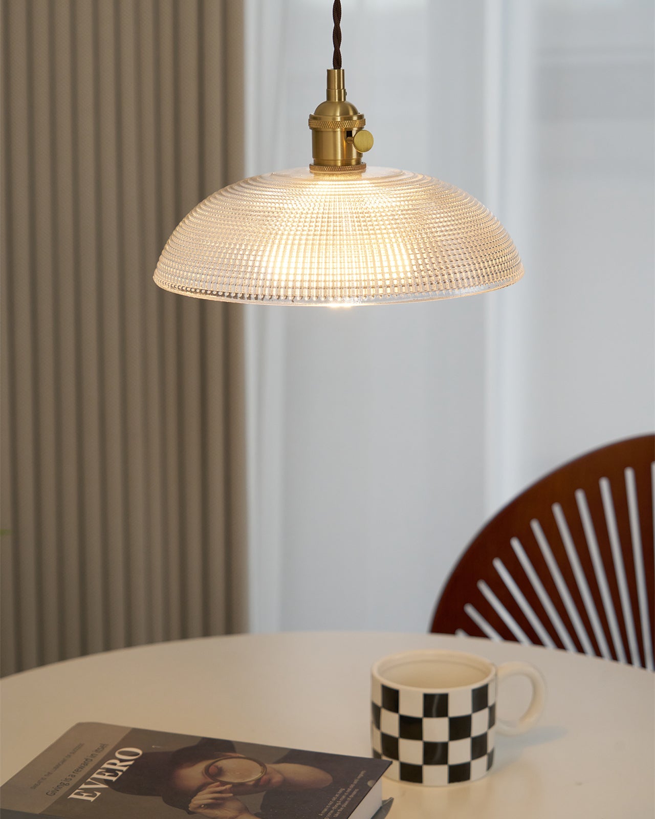 Ribbed Glass Ceiling Pendant Light | Polished Brass, Indoor Use & Ideal for Living Room or Dining Area