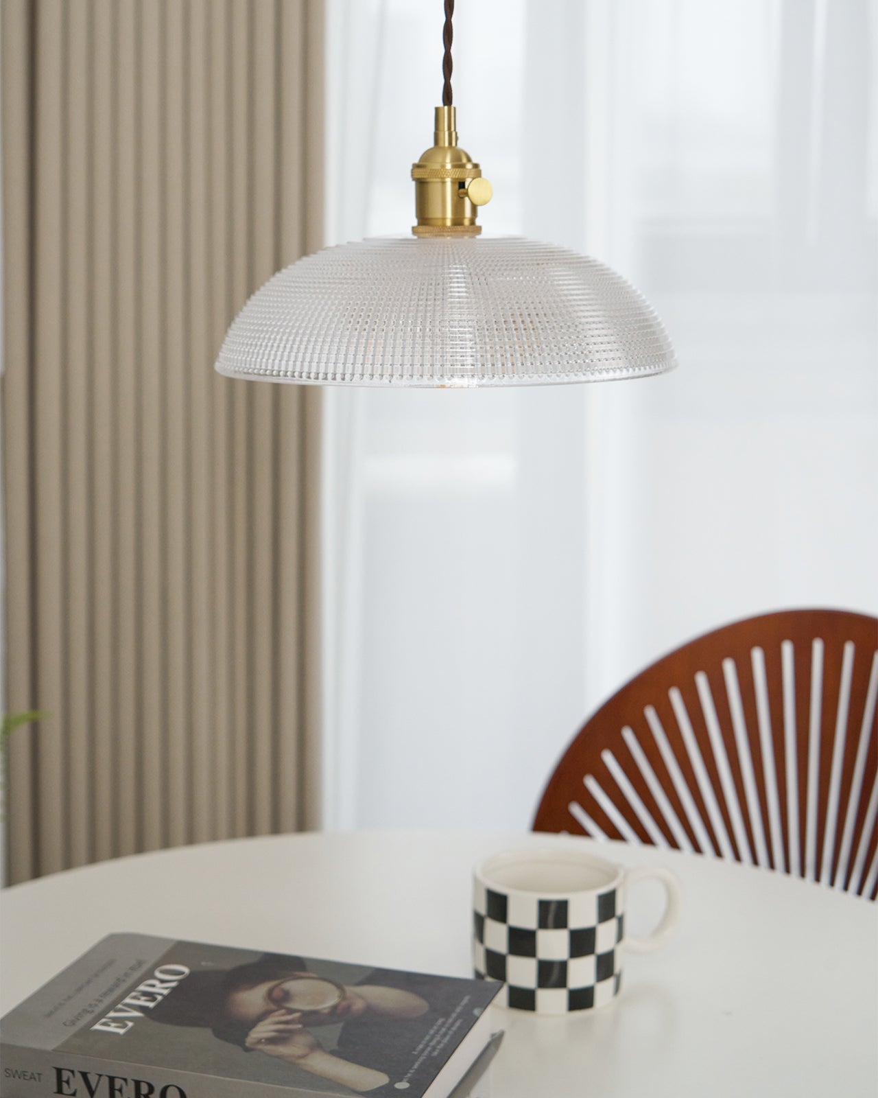 Ribbed Glass Ceiling Pendant Light | Polished Brass, Indoor Use & Ideal for Living Room or Dining Area