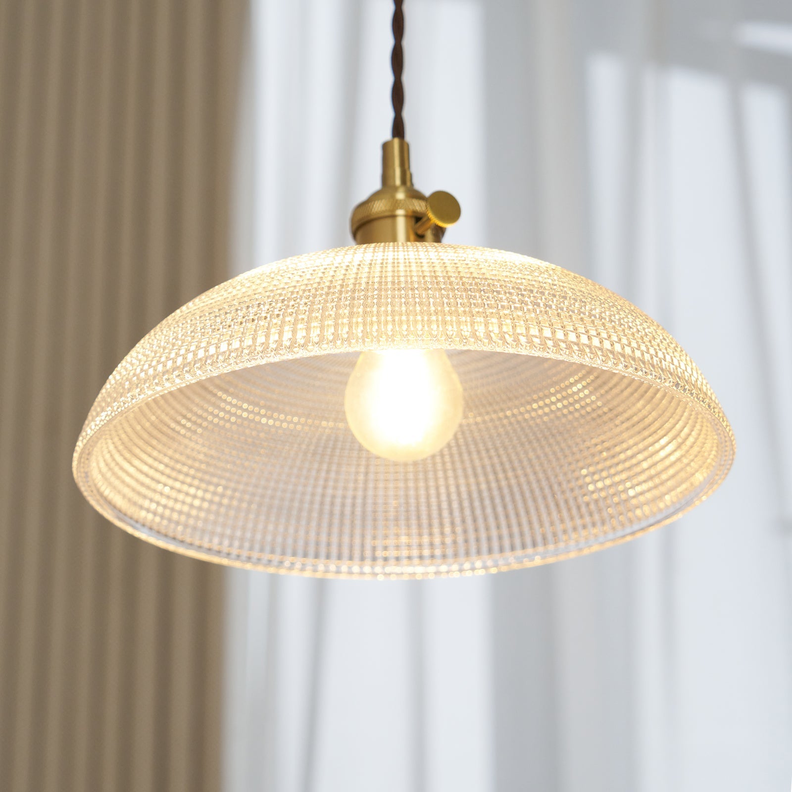 Ribbed Glass Ceiling Pendant Light | Polished Brass, Indoor Use & Ideal for Living Room or Dining Area