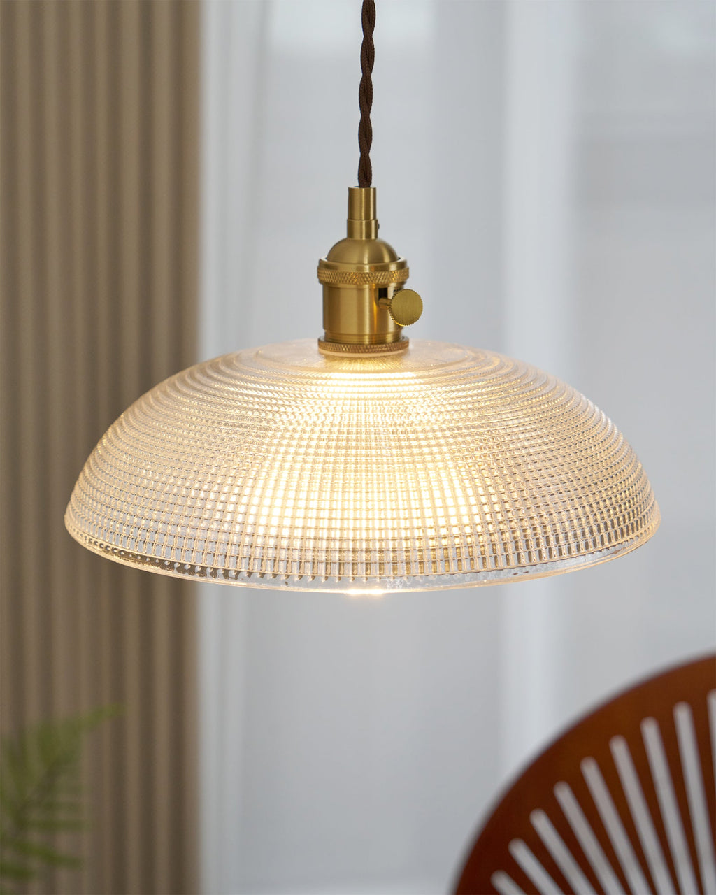 Ribbed Glass Ceiling Pendant Light | Polished Brass, Indoor Use & Ideal for Living Room or Dining Area