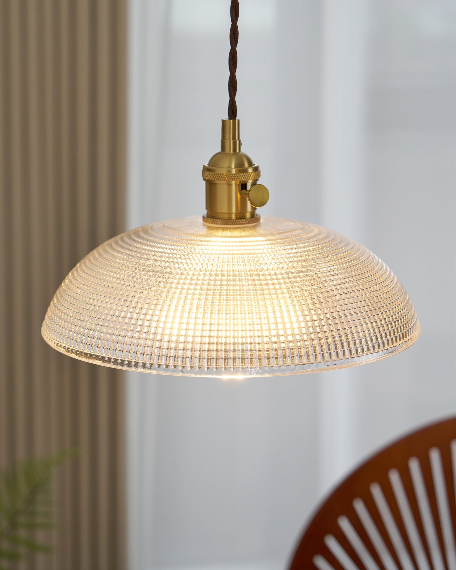 Ribbed Glass Ceiling Pendant Light | Polished Brass, Indoor Use & Ideal for Living Room or Dining Area