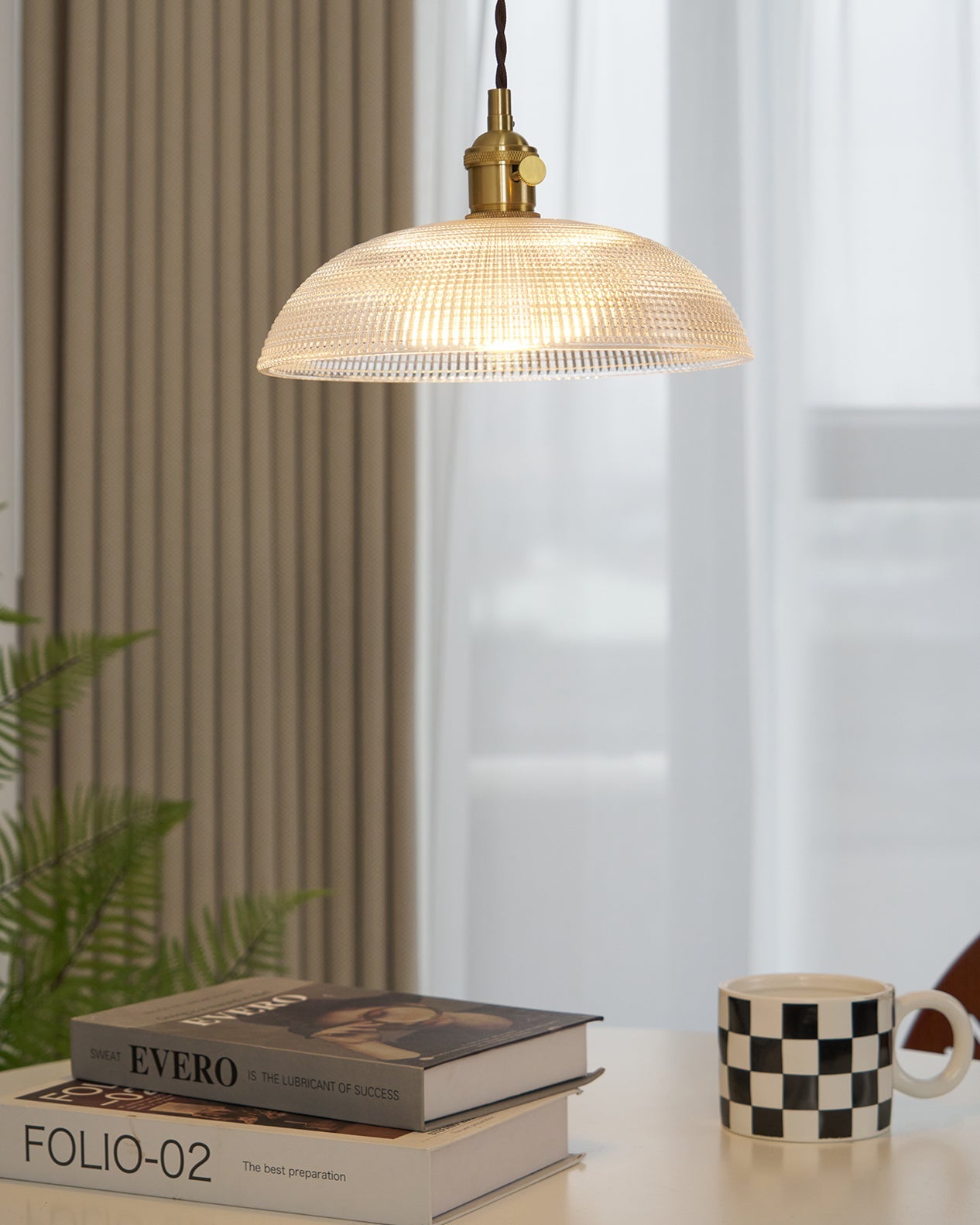Ribbed Glass Ceiling Pendant Light | Polished Brass, Indoor Use & Ideal for Living Room or Dining Area