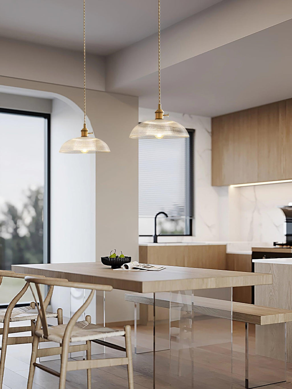 Ribbed Glass Ceiling Pendant Light | Polished Brass, Indoor Use & Ideal for Living Room or Dining Area