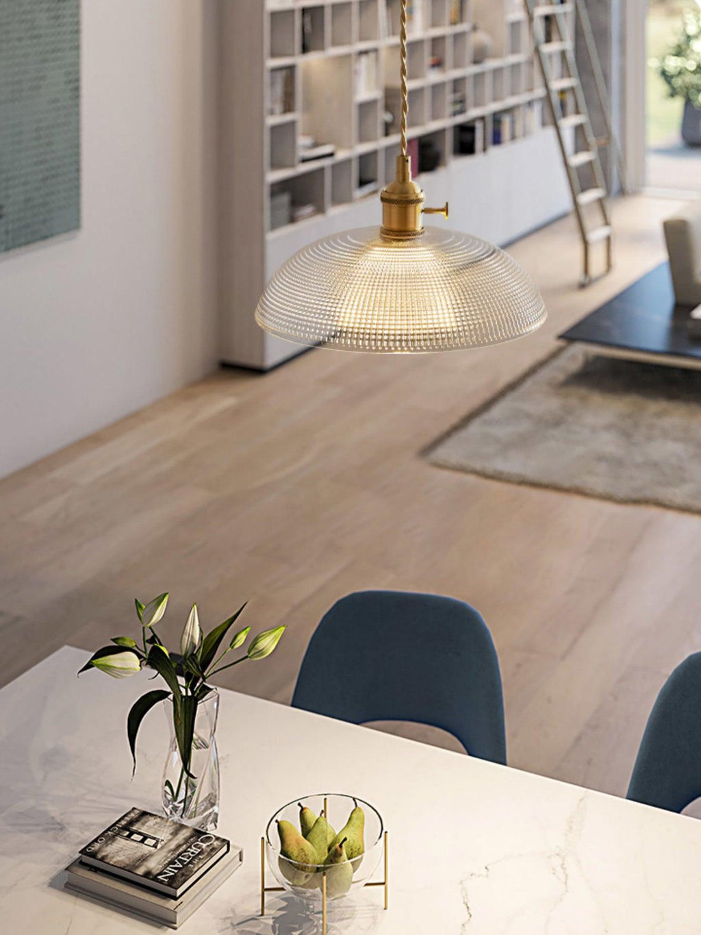 Ribbed Glass Ceiling Pendant Light | Polished Brass, Indoor Use & Ideal for Living Room or Dining Area