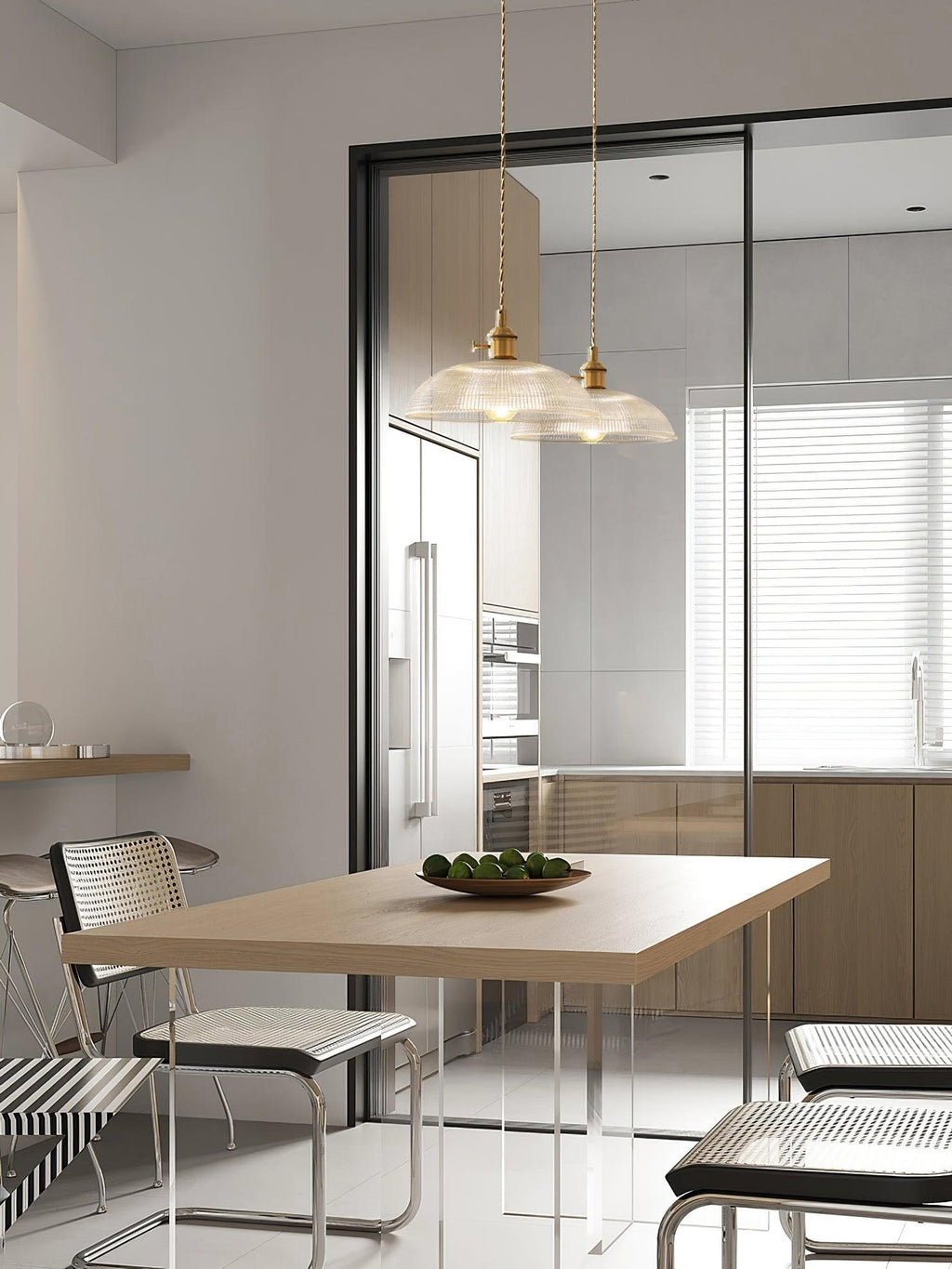 Ribbed Glass Ceiling Pendant Light | Polished Brass, Indoor Use & Ideal for Living Room or Dining Area