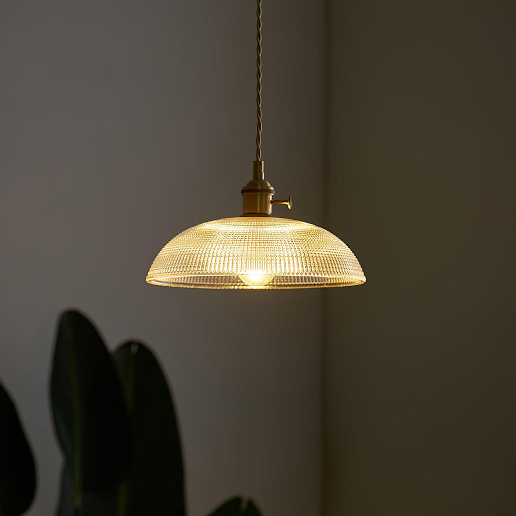 Ribbed Glass Ceiling Pendant Light | Polished Brass, Indoor Use & Ideal for Living Room or Dining Area