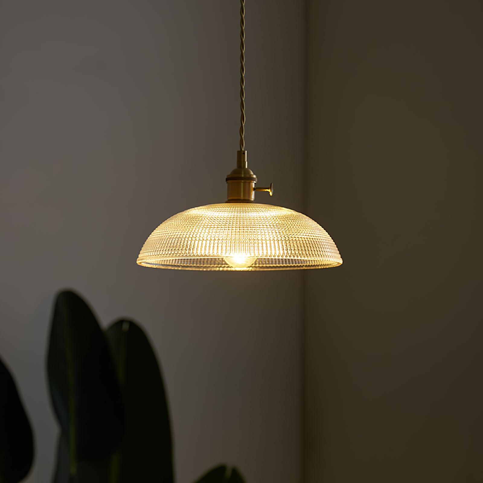 Ribbed Glass Ceiling Pendant Light | Polished Brass, Indoor Use & Ideal for Living Room or Dining Area