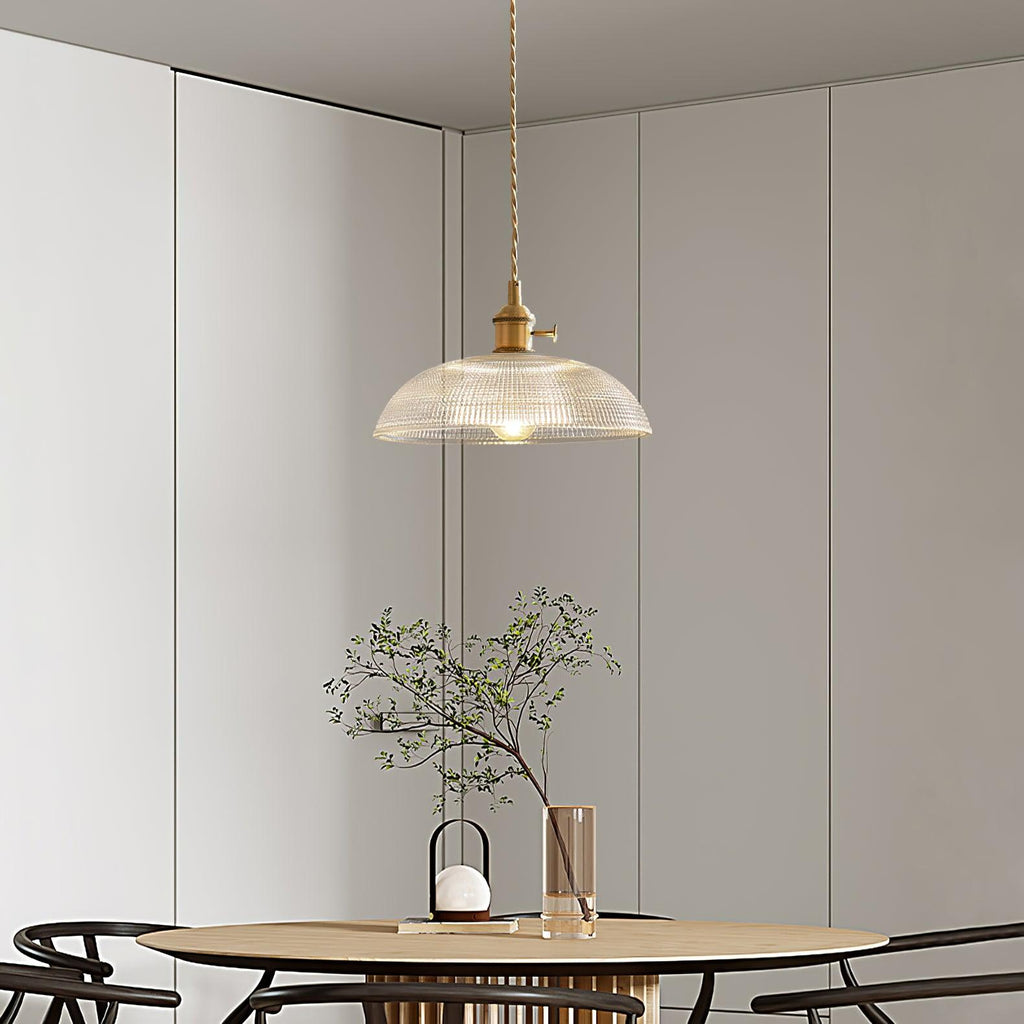 Ribbed Glass Ceiling Pendant Light | Polished Brass, Indoor Use & Ideal for Living Room or Dining Area