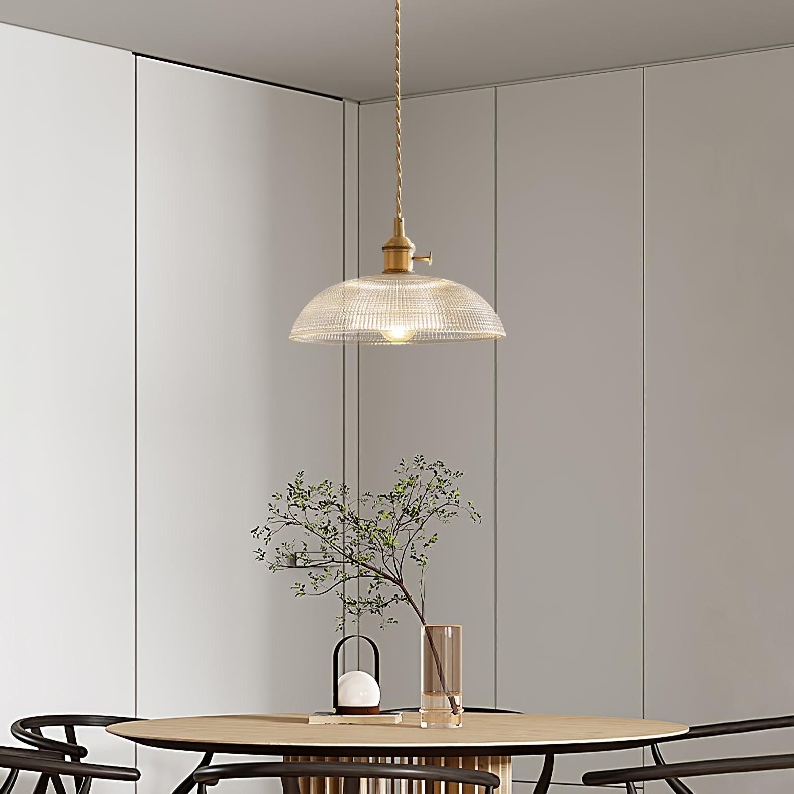 Ribbed Glass Ceiling Pendant Light | Polished Brass, Indoor Use & Ideal for Living Room or Dining Area