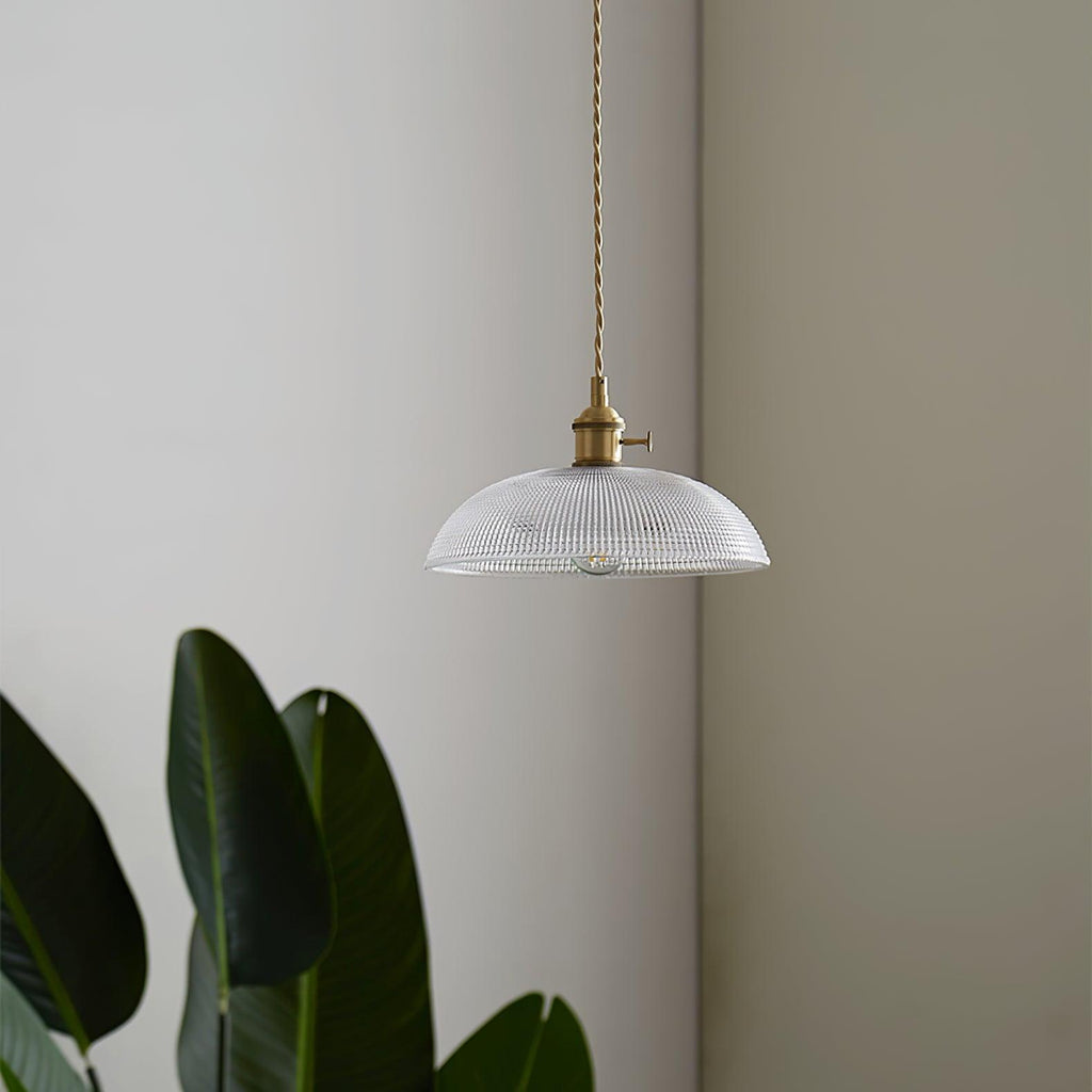 Ribbed Glass Ceiling Pendant Light | Polished Brass, Indoor Use & Ideal for Living Room or Dining Area