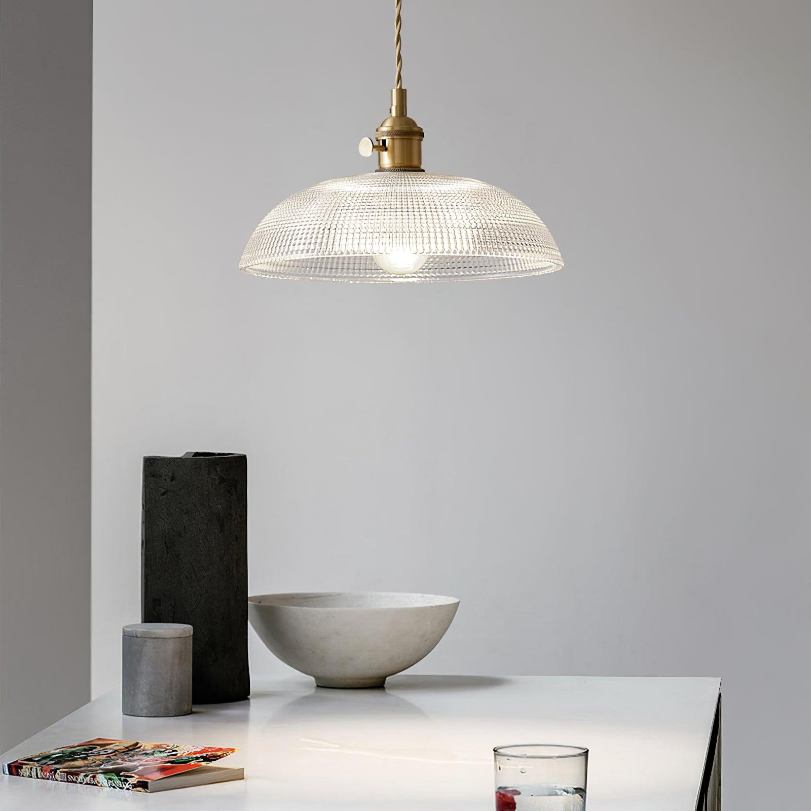 Ribbed Glass Ceiling Pendant Light | Polished Brass, Indoor Use & Ideal for Living Room or Dining Area