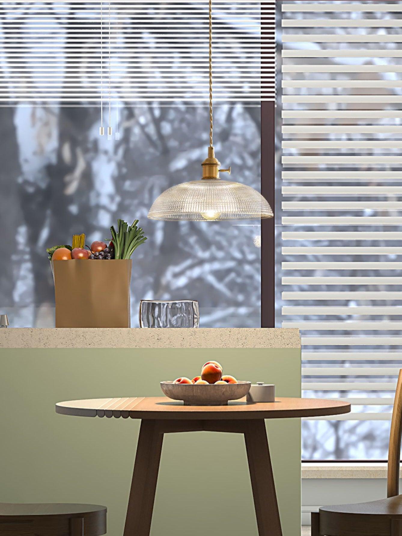 Ribbed Glass Ceiling Pendant Light | Polished Brass, Indoor Use & Ideal for Living Room or Dining Area