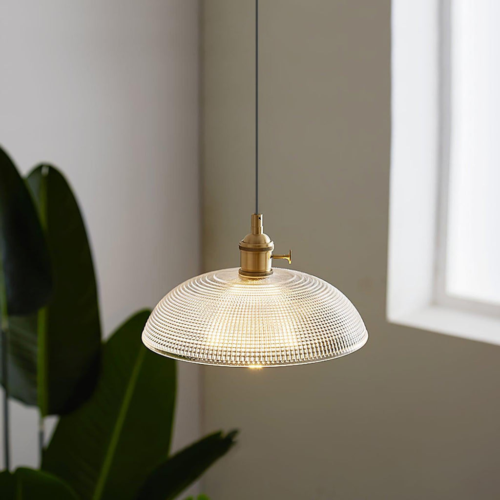Ribbed Glass Ceiling Pendant Light | Polished Brass, Indoor Use & Ideal for Living Room or Dining Area