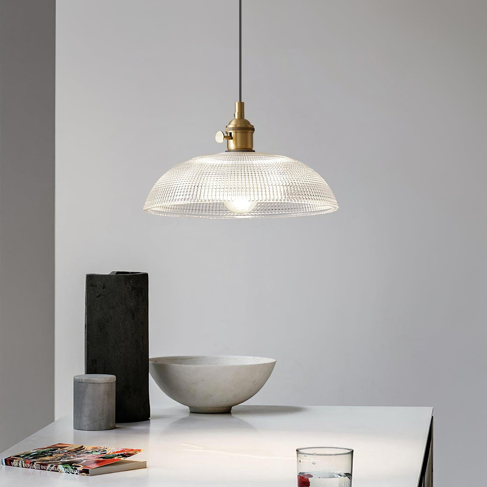 Ribbed Glass Ceiling Pendant Light | Polished Brass, Indoor Use & Ideal for Living Room or Dining Area