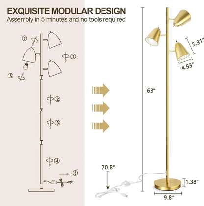 LED Tree Floor Lamp with 3 Adjustable Arms, Standing Pole Light for Living Room, Bedroom & Office Lighting