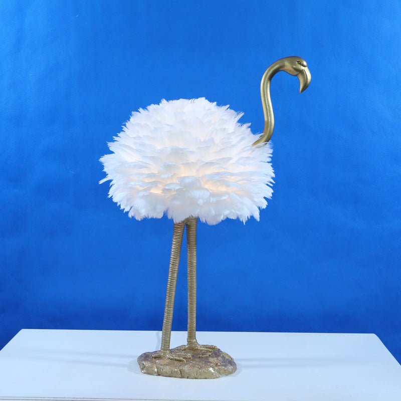 LED Table Lamp with Goose Feather Shade and Metal Flamingo Base for Bedside Lighting in Contemporary Nordic Style