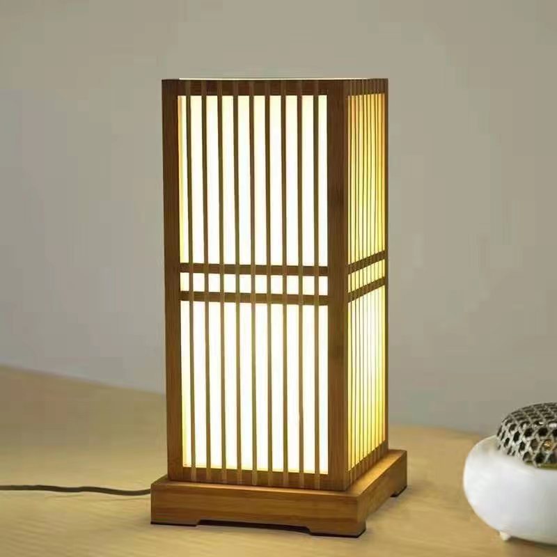 LED Table Lamp - Japanese Minimalist Wooden Square Design - 1-Light Fixture for Bedroom, Living Room & Office Use