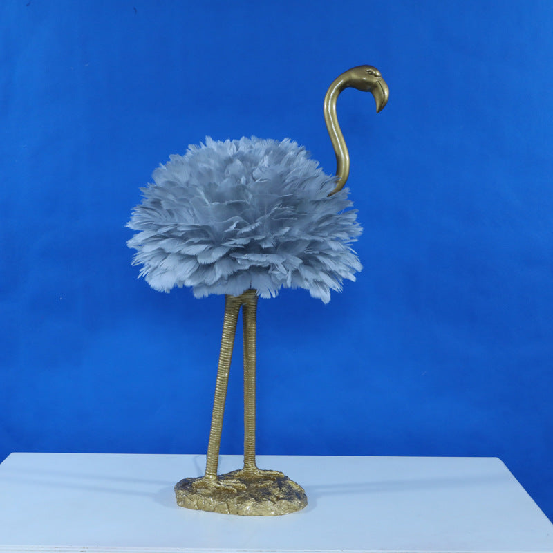 LED Table Lamp with Goose Feather Shade and Metal Flamingo Base for Bedside Lighting in Contemporary Nordic Style