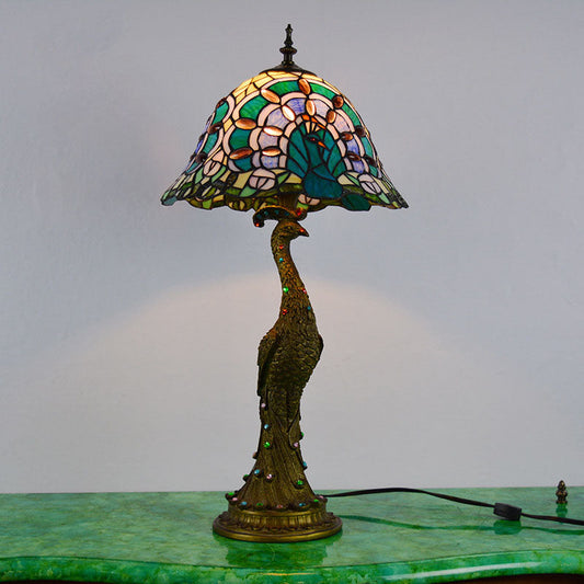 Tiffany Style Peacock Dome Glass Table Lamp with Resin Base – 1-Light Fixture for Living Room & Bedroom Decor