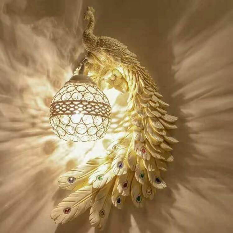 LED Wall Sconce Light with Vintage Ornate Resin Peacock Design and Crystal Ball Shade for Living Room & Hallway Lighting