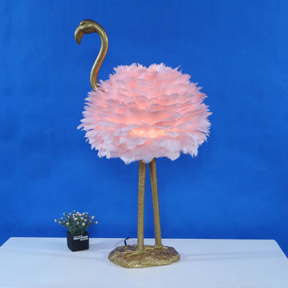 LED Table Lamp with Goose Feather Shade and Metal Flamingo Base for Bedside Lighting in Contemporary Nordic Style