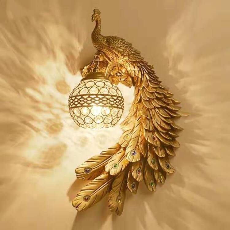 LED Wall Sconce Light with Vintage Ornate Resin Peacock Design and Crystal Ball Shade for Living Room & Hallway Lighting