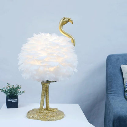 LED Table Lamp with Goose Feather Shade and Metal Flamingo Base for Bedside Lighting in Contemporary Nordic Style