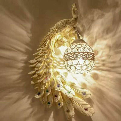 LED Wall Sconce Light with Vintage Ornate Resin Peacock Design and Crystal Ball Shade for Living Room & Hallway Lighting