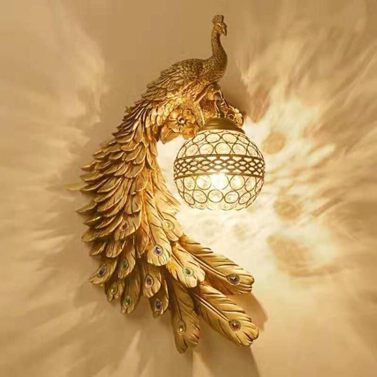 LED Wall Sconce Light with Vintage Ornate Resin Peacock Design and Crystal Ball Shade for Living Room & Hallway Lighting