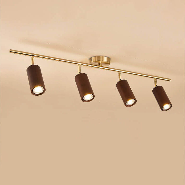 LED Semi-Flush Mount Ceiling Light - Nordic Minimalist Walnut Wood Linear Track Spotlight for Living Room & Kitchen Lighting (1/2/3/4 Lights)