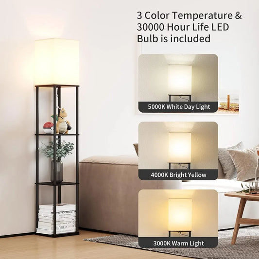 LED Floor Lamp with Shelves, Modern Square Standing Light with 3 Color Temperature Bulb for Corner Display & Bookshelf Use