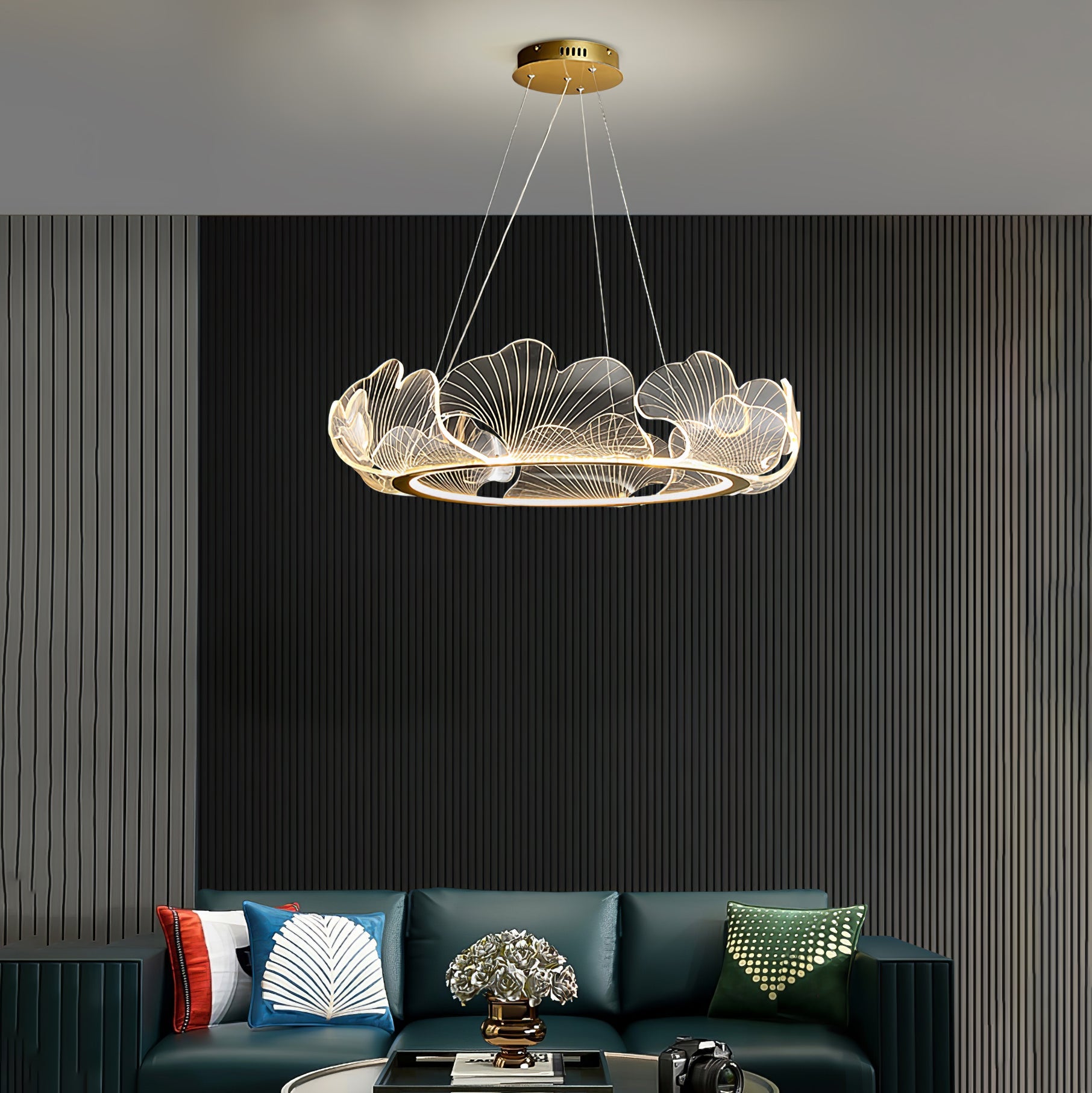 Leaf-Shaped LED Chandelier | Gold Finish, Dimmable & Ideal for Living Room or Kitchen
