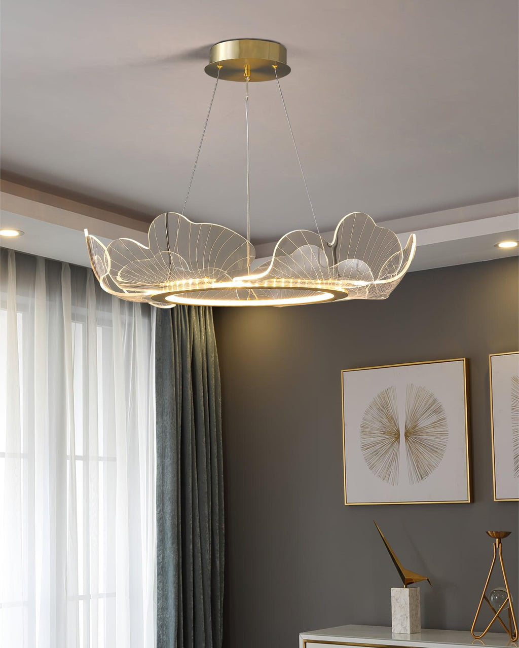 Leaf-Shaped LED Chandelier | Gold Finish, Dimmable & Ideal for Living Room or Kitchen