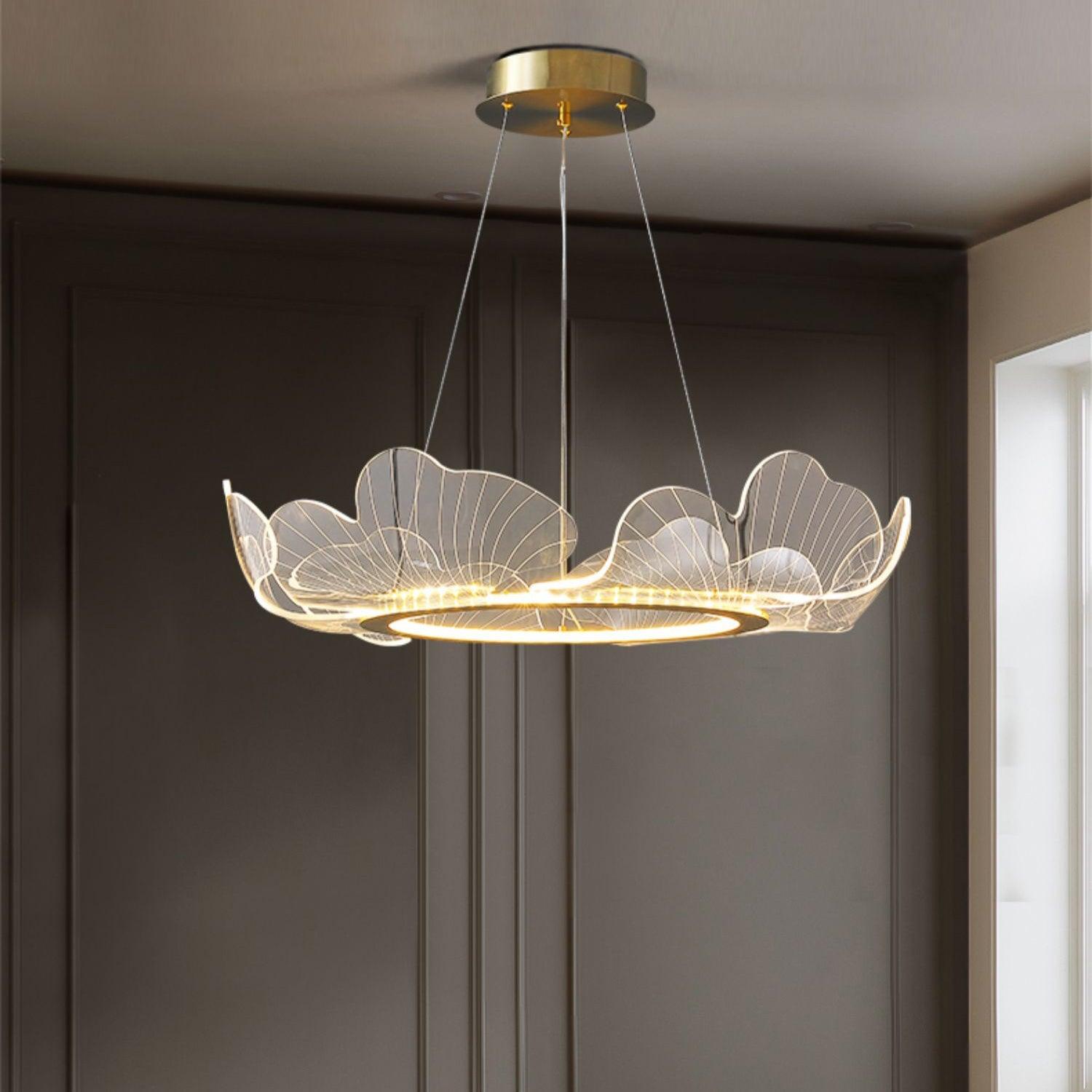 Leaf-Shaped LED Chandelier | Gold Finish, Dimmable & Ideal for Living Room or Kitchen