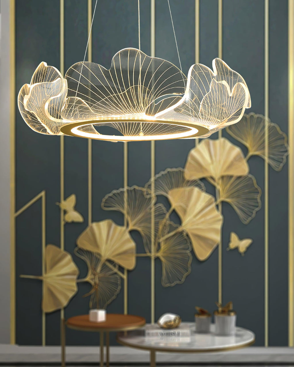 Leaf-Shaped LED Chandelier | Gold Finish, Dimmable & Ideal for Living Room or Kitchen
