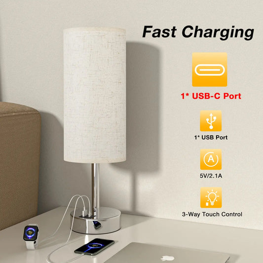 LED Touch Control Table Lamp with 3-Way Dimmable Settings and USB A+C Ports for Bedroom Nightstand & Desk Use