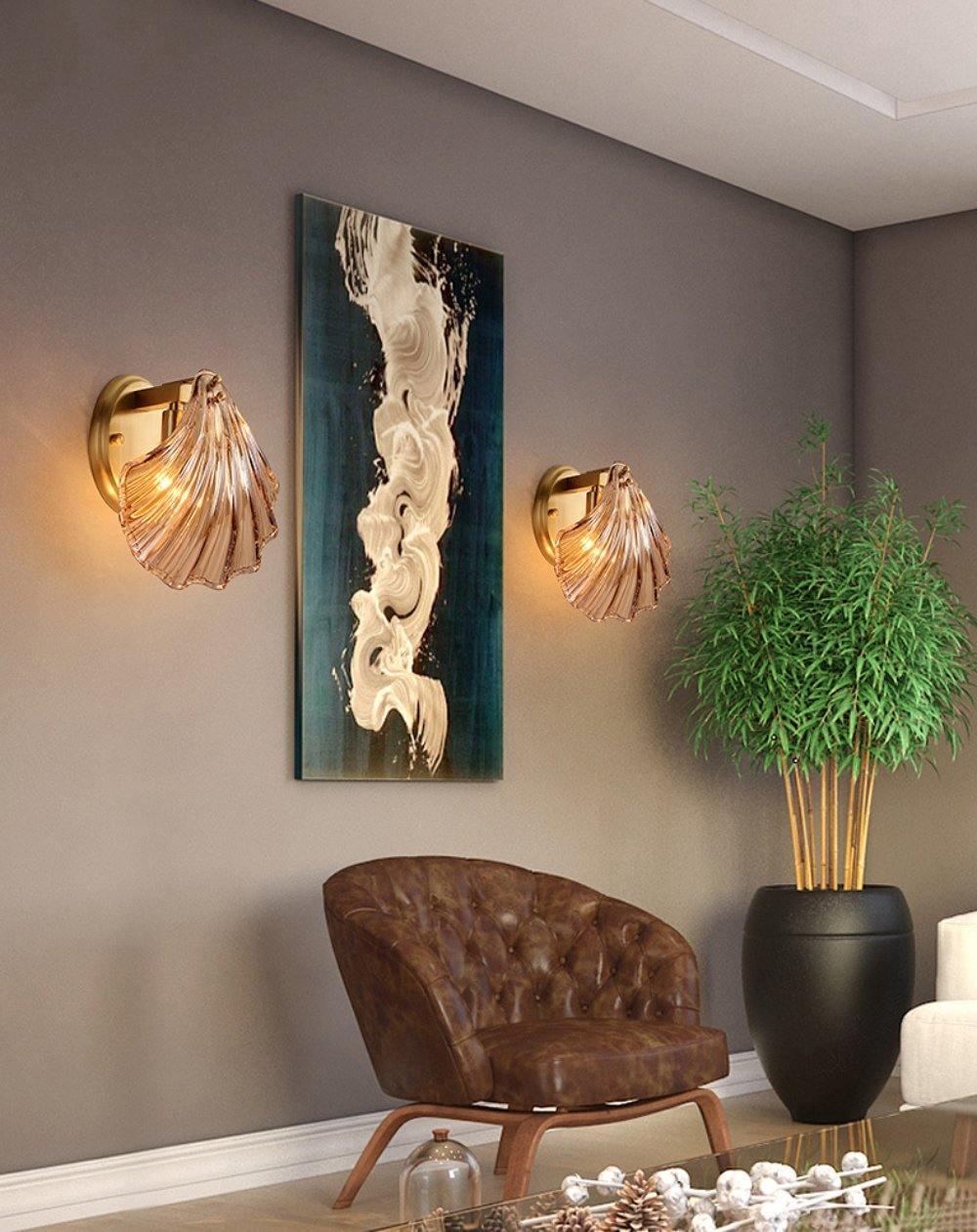 Shell Wall Light | Brass Finish, Amber & Clear Shade | Ideal for Indoor Spaces