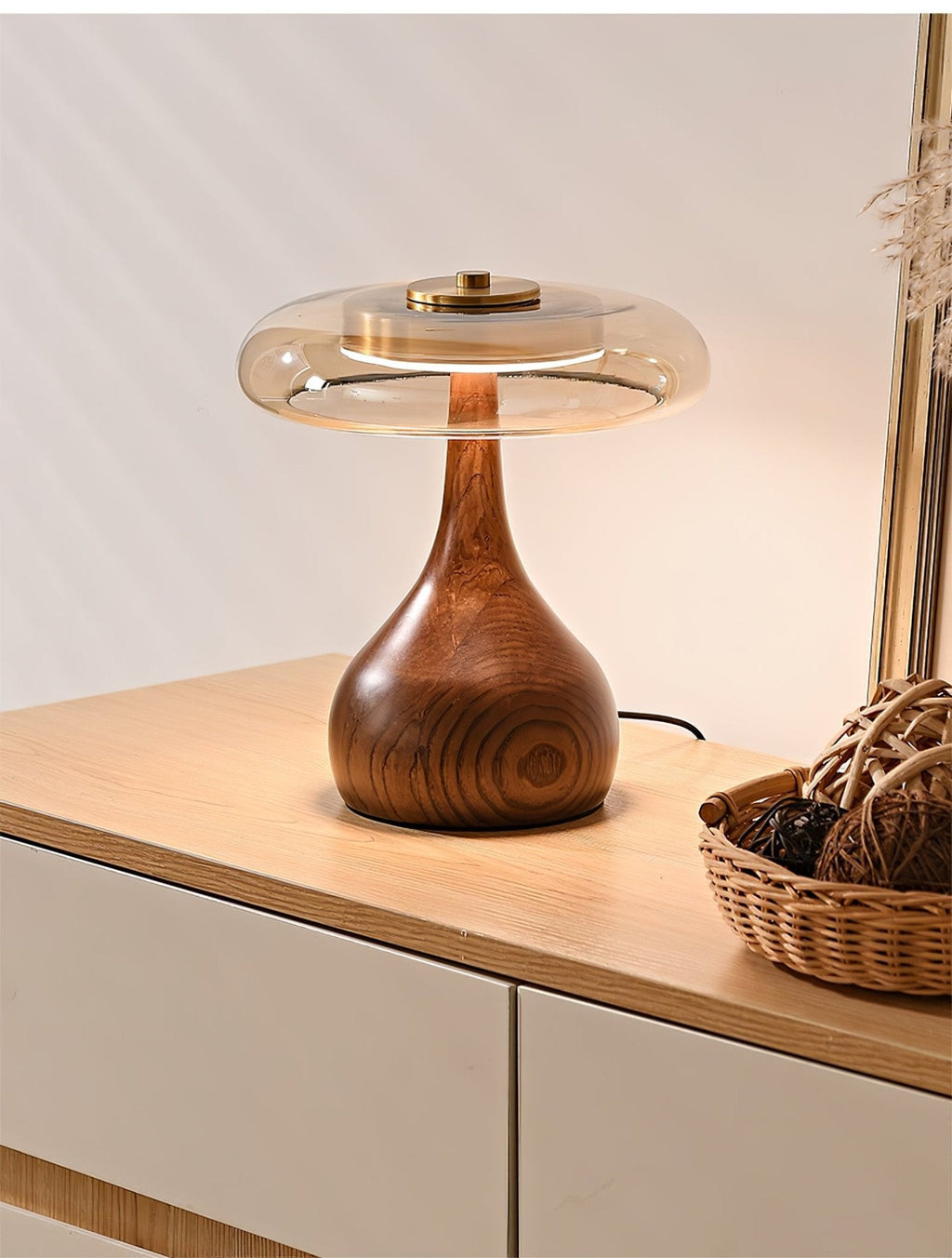Wooden Table Lamp | Amber Glass Shade, Integrated LED & Warm Light for Indoor Use